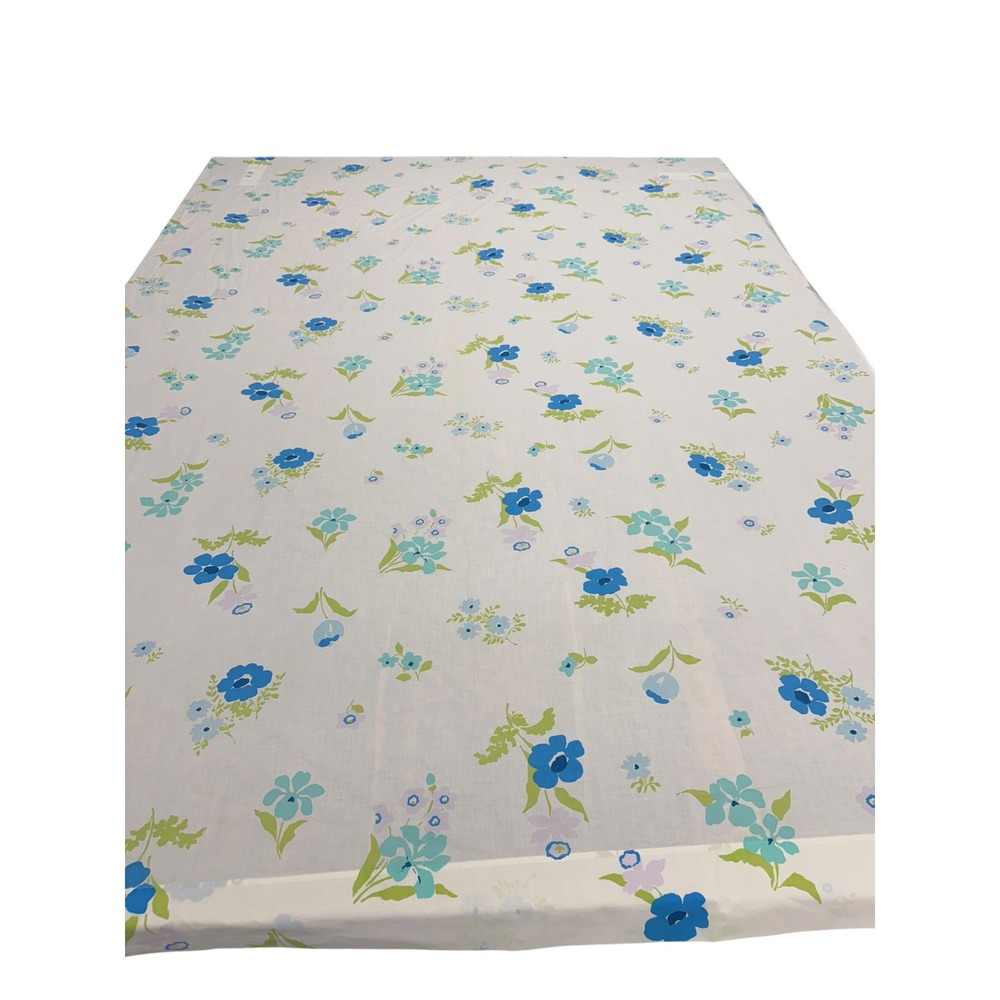 Vintage Perma-Prest Blue Floral Flat Sheet Queen 90x106 70s Retro Percale White